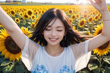 380126-2495002364-1girl with a very long hair, hair over eyes, black hair, blue eyes, closed eyes, laughing, smile, open arms, windmill, sunflower.png
